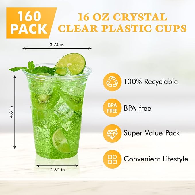 Vplus 160 Pack 16 OZ PET Clear Plastic Cups with Lids, 16 OZ Crystal Cold Disposable Drinking Plastic Cups with Flat Lids, Perfect for Ice Coffee, Smoothie, Juice