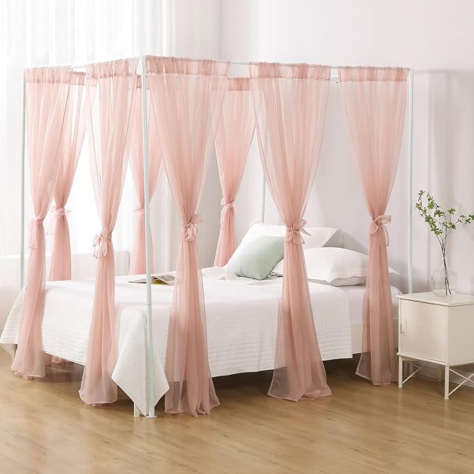 Chiffon Twin Bed Canopy, Canopy Bed Curtains for Girls Adult, 4 Post Bed Scarf Room Decor (Dust Pink)