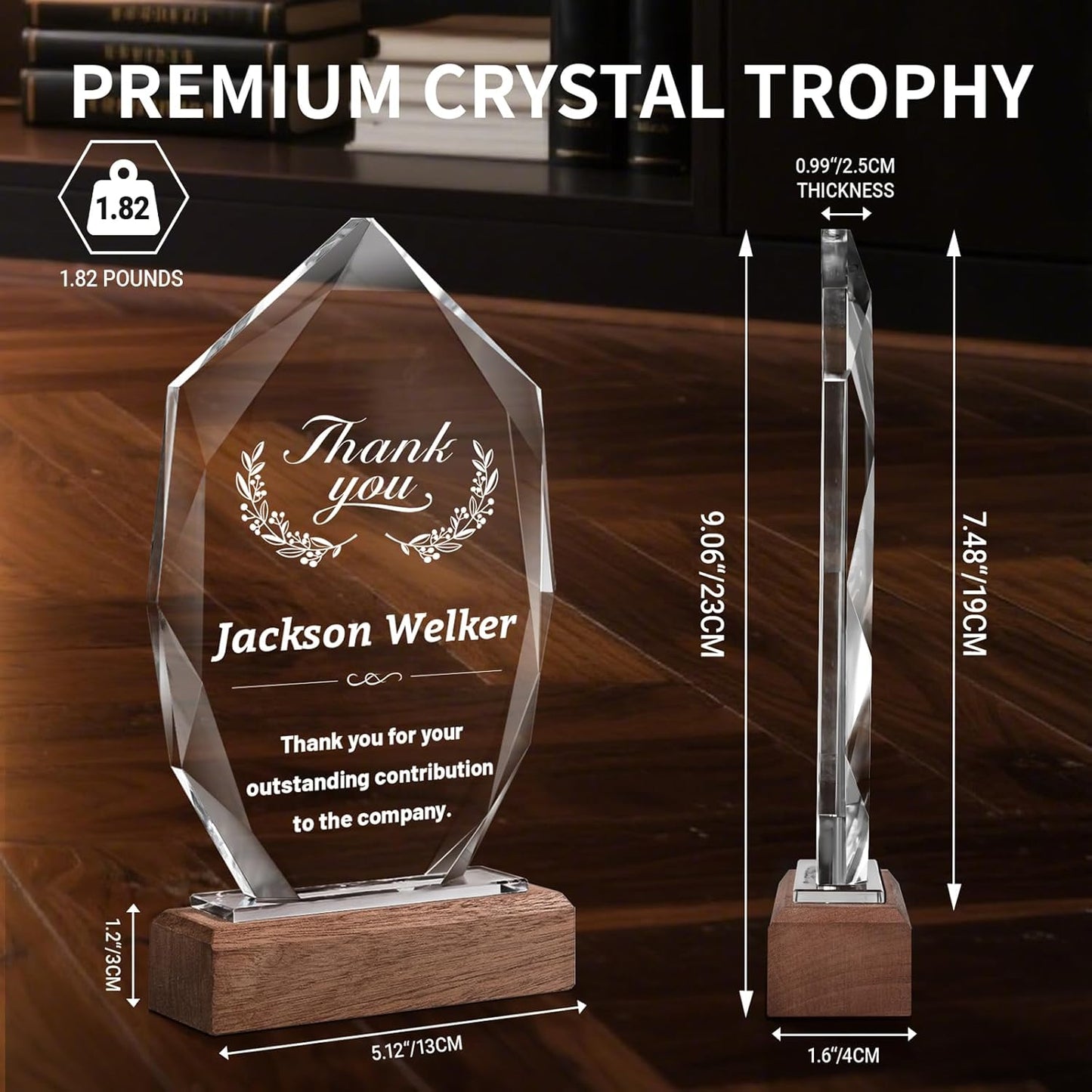 Custom Crystal Trophy Award with Wood Base, Custom Plaque Personalized Engraved with LOGO Text, Employee Appreciation Gift, Retirement Gift for Employee Coworker, Sports Recognition Trophies