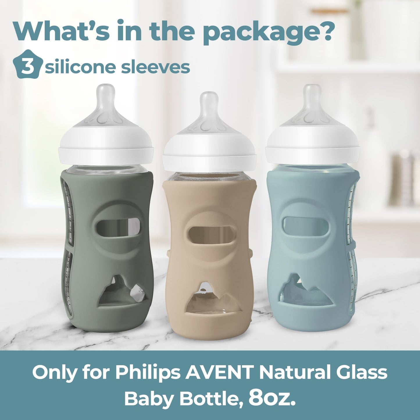 Joxodak 3 Pack Silicone Sleeves for Philips Avent Natural Bottle, Food Grade Silicone Anti Breakage Baby Bottles Holder, Compatible with Philips Avent Glass Natural Baby Bottle 8oz