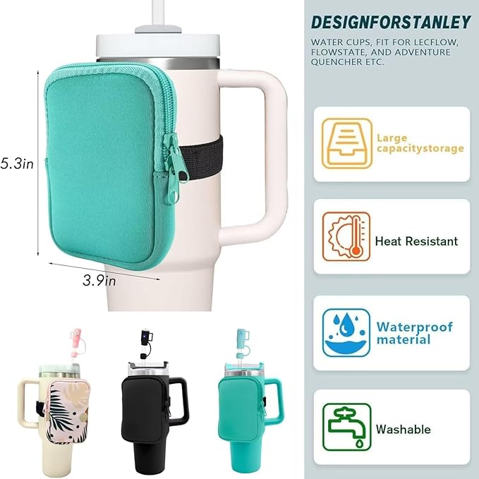 Silicone Water Bottle Pouch with Straw Covers - Water Resistant Drinking Tumbler Pouch with Zipper Compartment, Outer Storage Pocket - Fits Up to 40 Oz Jugs, Green