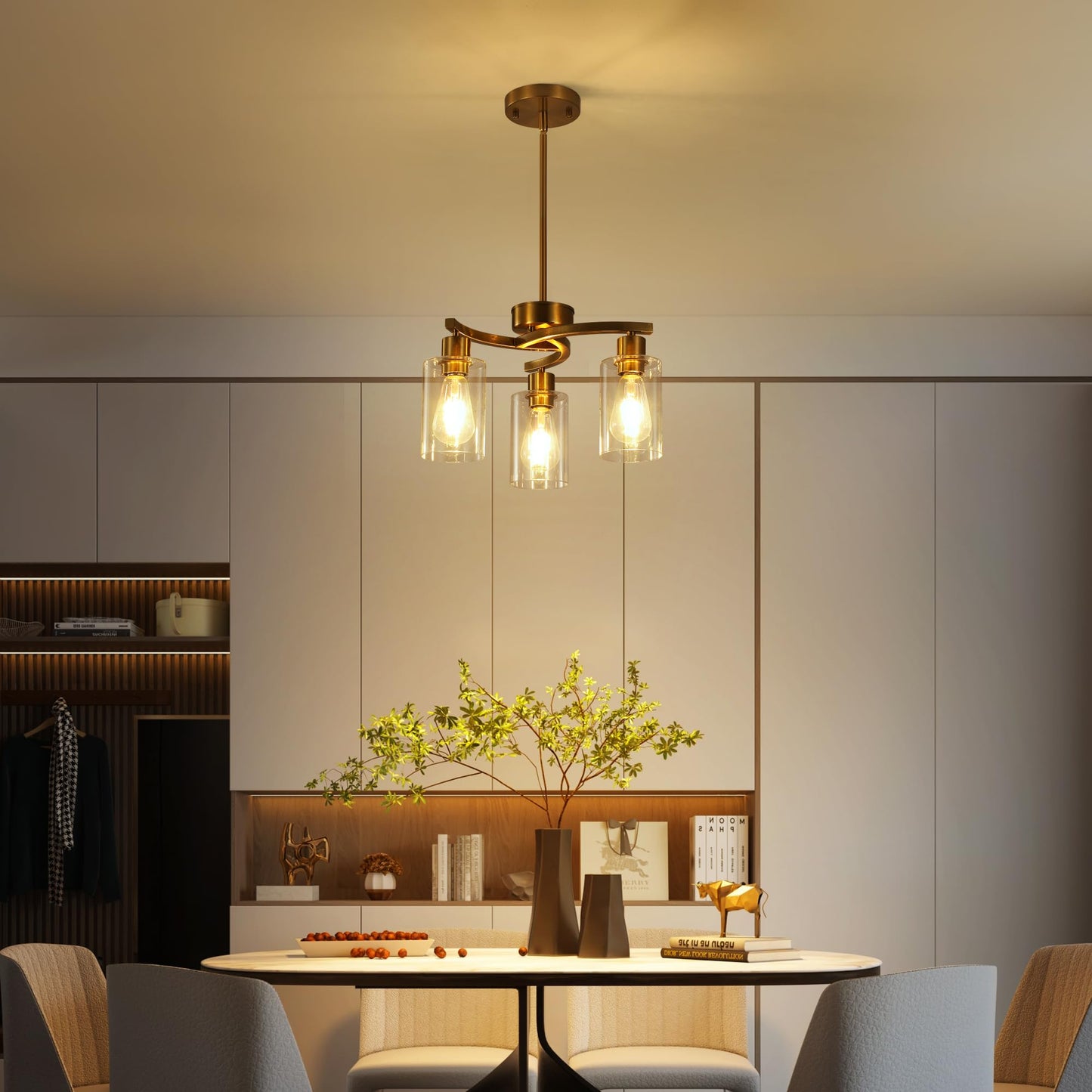 Cnratye 3-Light Gold Dining Room Chandeliers Over Table  Contemporary Kitchen Island Pendant Lighting  Industrial Hanging Light Fixture For Entryway Hallway Foyer Bedroom  Clear Glass Shade