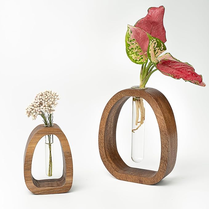Modern Wooden Glass Test Tube Vase - Desk Plant Decor, Suitable for Home and Office Use