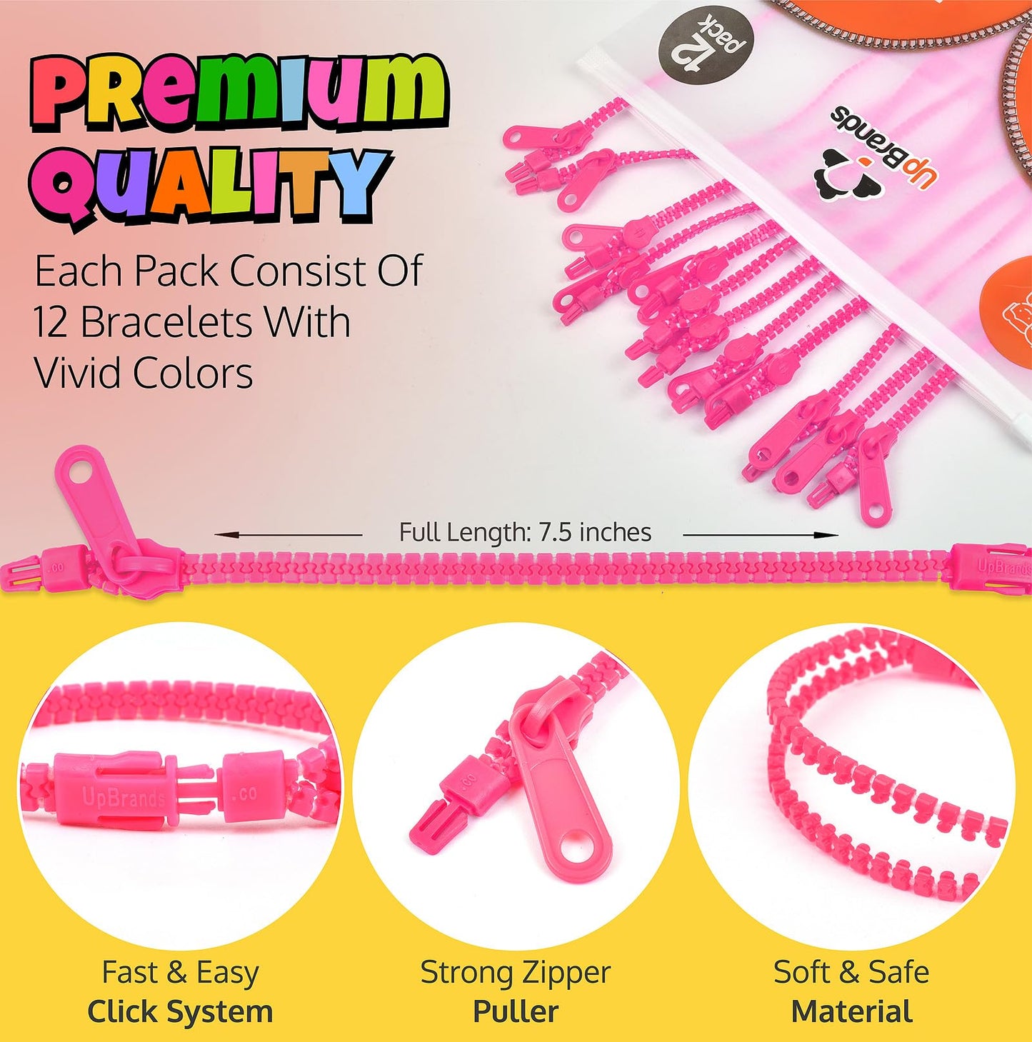 UpBrands 12-Pack Pink 7-Inch Zipper Bracelets - Thoughtful Fidget Party Favors for National Pink Day, Bulk Sensory Toys for Anxi