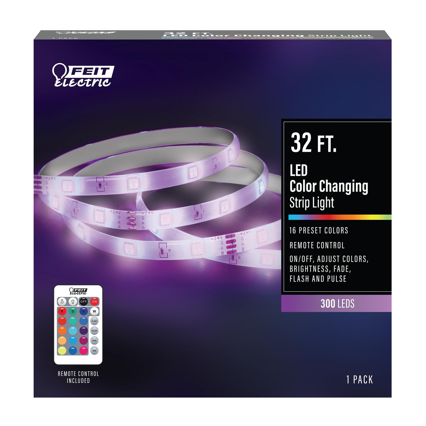 Feit Electric 32ft Color Changing LED Strip Light, Flexible, Remote Control, 16 Colors, Adjustable Brightness, TAPE384/RGB, White