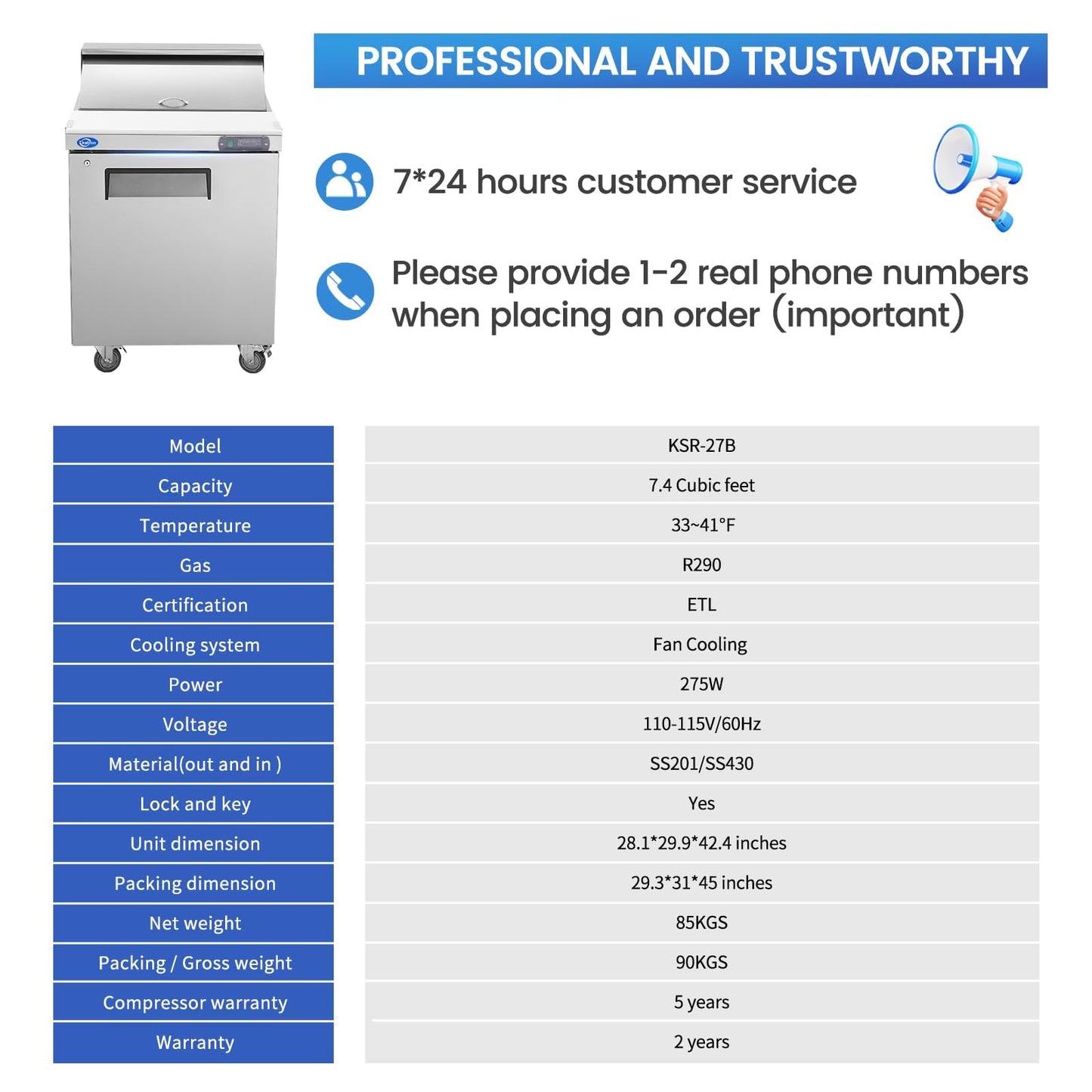kalifon 27" W 1 Door Refrigerator Sandwich Salad Prep Table Commercial Stainless Steel Fan Cooling Refrigerator with Cutting Board, 1 Shelves & 12 Pans for Restaurant, Bar, Shop-7.4 Cu.ft