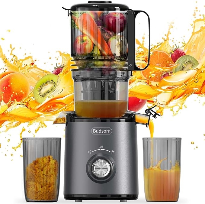 Budsom Cold Press Juicer Machine: 300W Slow Masticating Juicer for Whole Fruits & Vegetables, 5.3" Wide Feed Chute, High Juice Yield, Easy to Clean, Quiet 55 RPM, Juice Extractor for Home & Kitchen