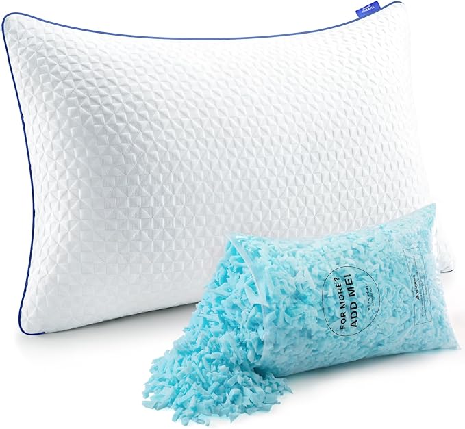 viewstar Queen Pillow Shredded Memory Foam Pillow, Adjustable Single Firm Pillow for Side Back Stomach Sleepers, Gel Bed Pillow for Sleeping with Washable Removable Cover 19"x 28"