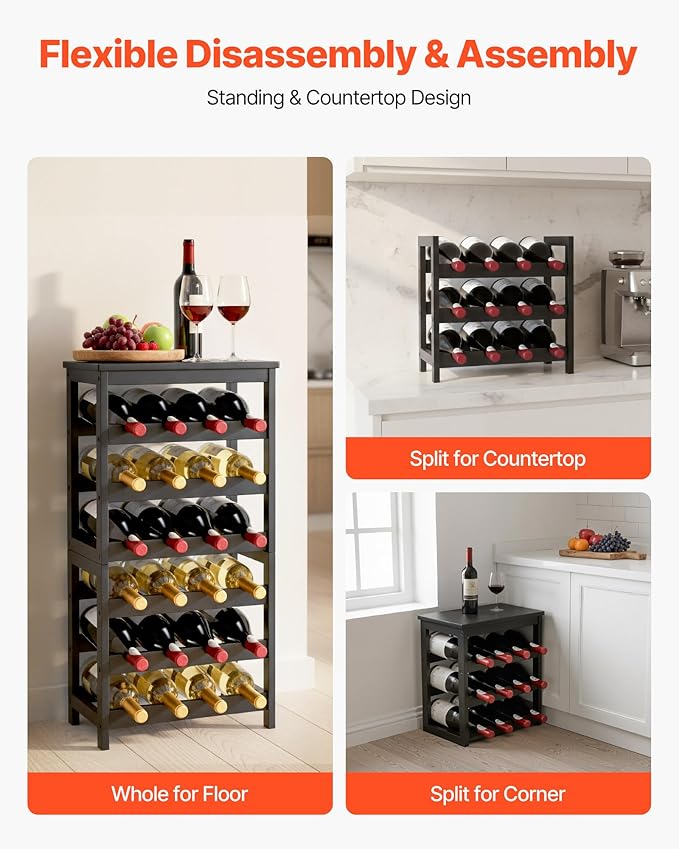 VEVOR 24 Bottle Wine Rack, 6-Tier, Freestanding Floor Display Wine Storage Shelves with Table Top, Easy Assembly Rack Shelf, Premium Material, for Kitchen Cellar Bar Dining Room Living Room, Black