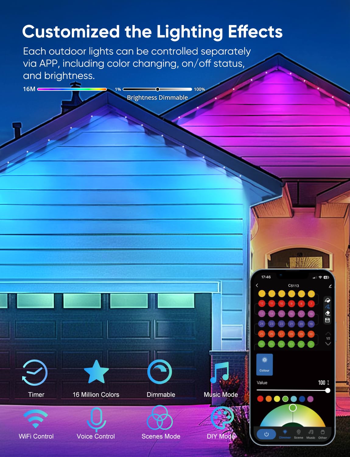 Permanent Outdoor Lights 150Ft Rgbw Eaves Light With 108 Led Lights 111+ Scenes Modes Outdoor Lighting  Waterproof Permanent Light For Daily Holiday Halloween Decorations  Compatible With Alexa White