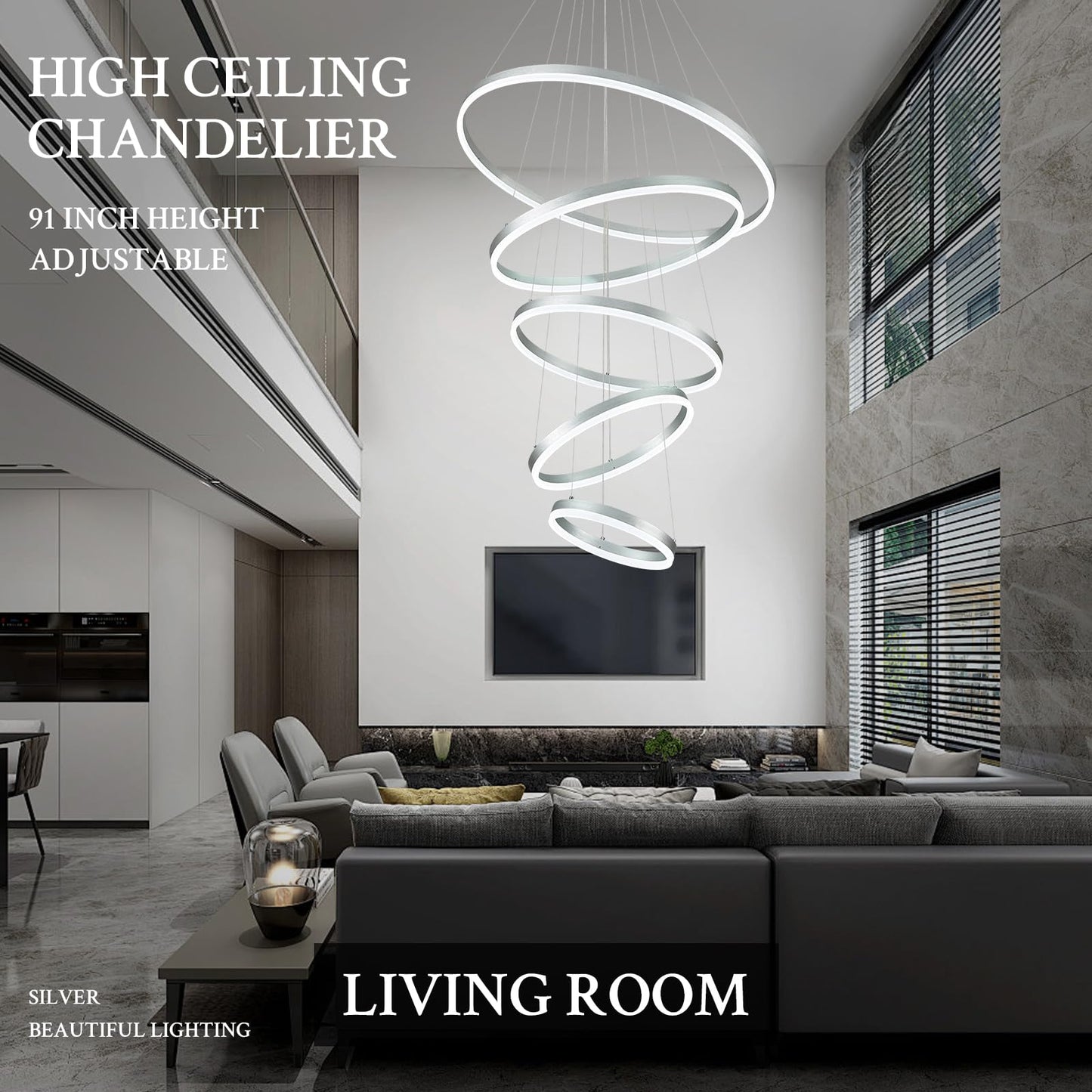 Sparklelf LED Chandelier, 5 Rings, Dimmable, Remote Control, Silver, 31.5in, Model SE-P60-5SDC1