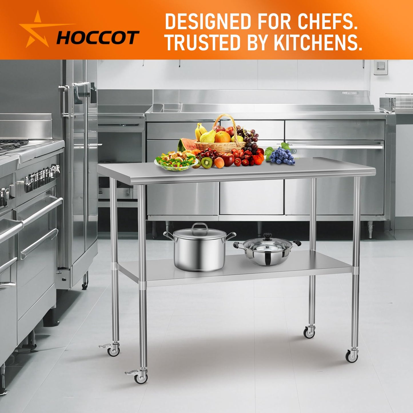 HOCCOT Stainless Steel Table with Wheels 30" x 48" Utility Worktable with Adjustable Undershelf for Commercial Kitchen, Garage, Restaurant