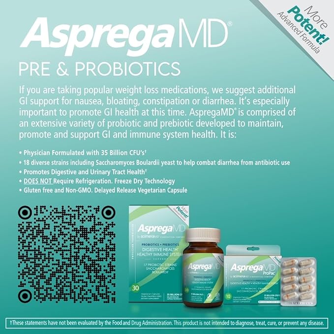 ScimeraMD® Asprega Probiotic + Prebiotic Supplement for Digestive Health and Immune System Support, 35 Billion CFUs, 30 CT