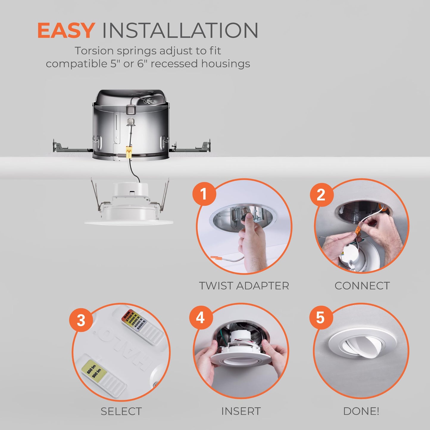 HALO RA Recessed Lighting 6 inch LED Trim Downlight with Adjustable Gimbal Selectable Lumens and Color Temperatures, Dim-to-Warm - RA56LS9FSD2W1EWH