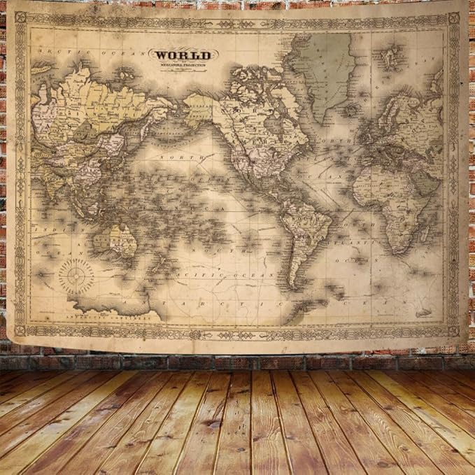 GOAOK Retro Old World Map - Vintage Asian & European Topography - Educational Tapestry for Classroom & Office - Brown Adventure Travel World Map - 60"X40"