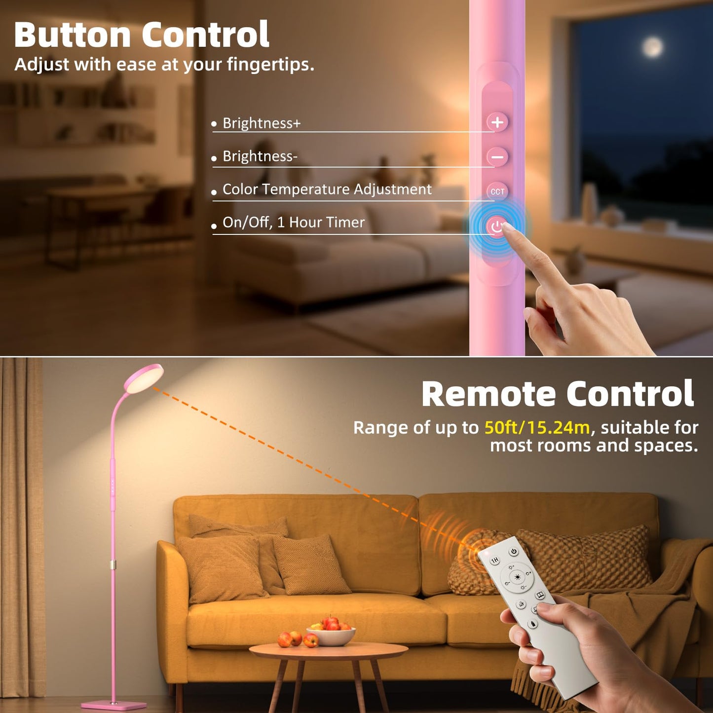 PACOVY Adjustable Height Floor Lamp, 120 LED, Dimmable, Copper, 1 Pack, Pink, Model ADJ-01