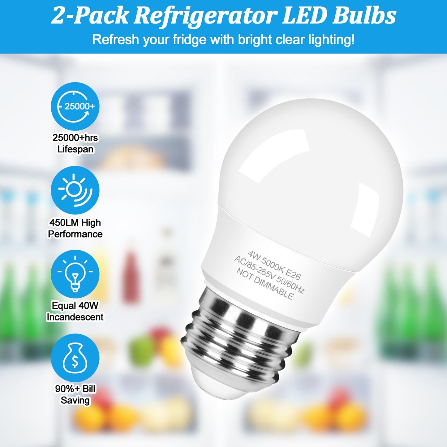 3-Pack A15 Refrigerator Light Bulb 40W Equivalent  120V Fridge Waterproof Led Bulbs 4W Daylight White 5000K  E26 Base Freezer Home Lighting  Non-Dimmable