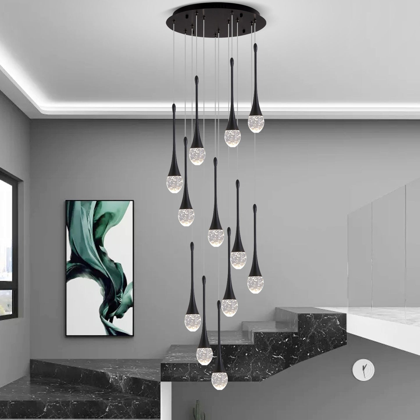 Upfelw Crystal Staircase Chandelier 12 Lights Dimmable LED Black Model UCC-B12-0436
