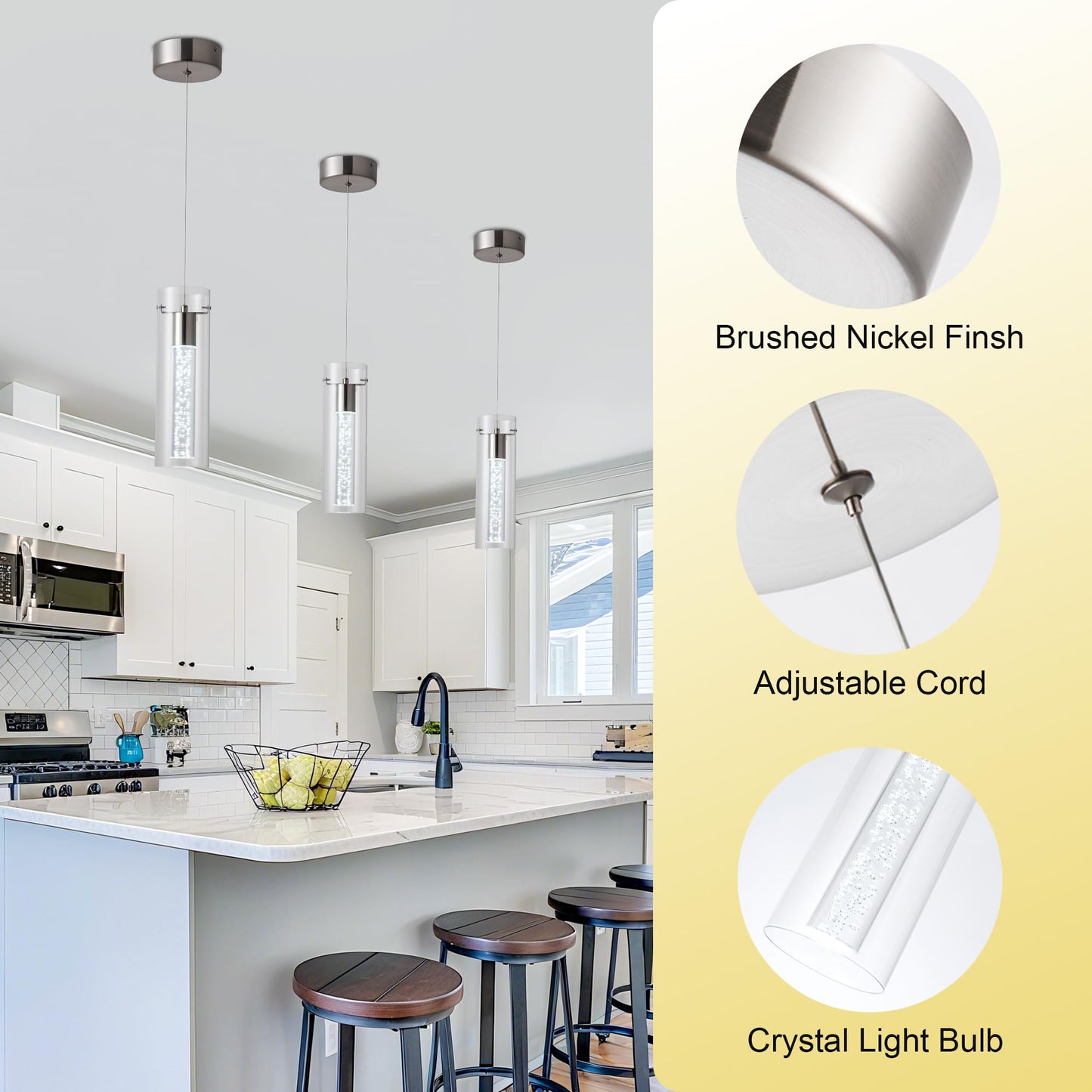 Bestwest 3 Pack Pendant Lights, Brushed Nickel, 24W 2100 Lumen, 6000K For Kitchen Island, Dining Room, Living Room