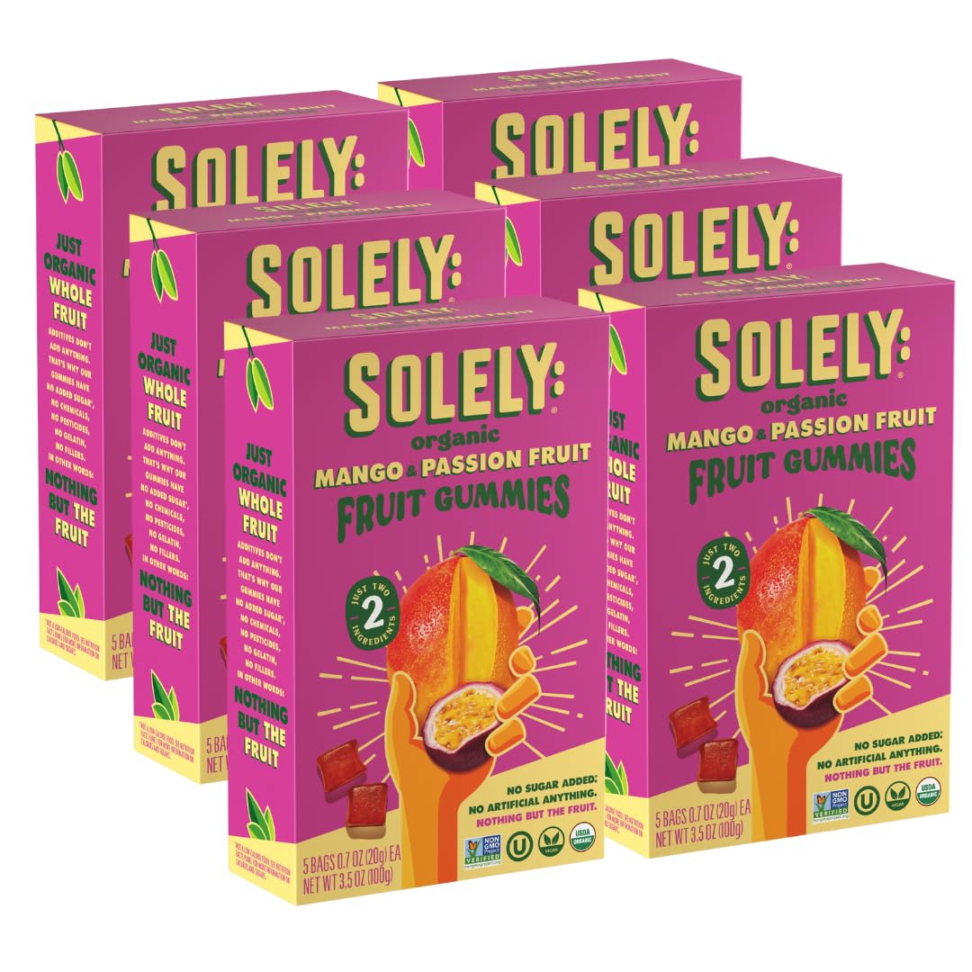 SOLELY - Organic Mango & Passion Fruit Whole Fruit Gummies (Pack of 6 Boxes, 5 Bags per Box) - Real Fresh Fruit - Healthy Snacks