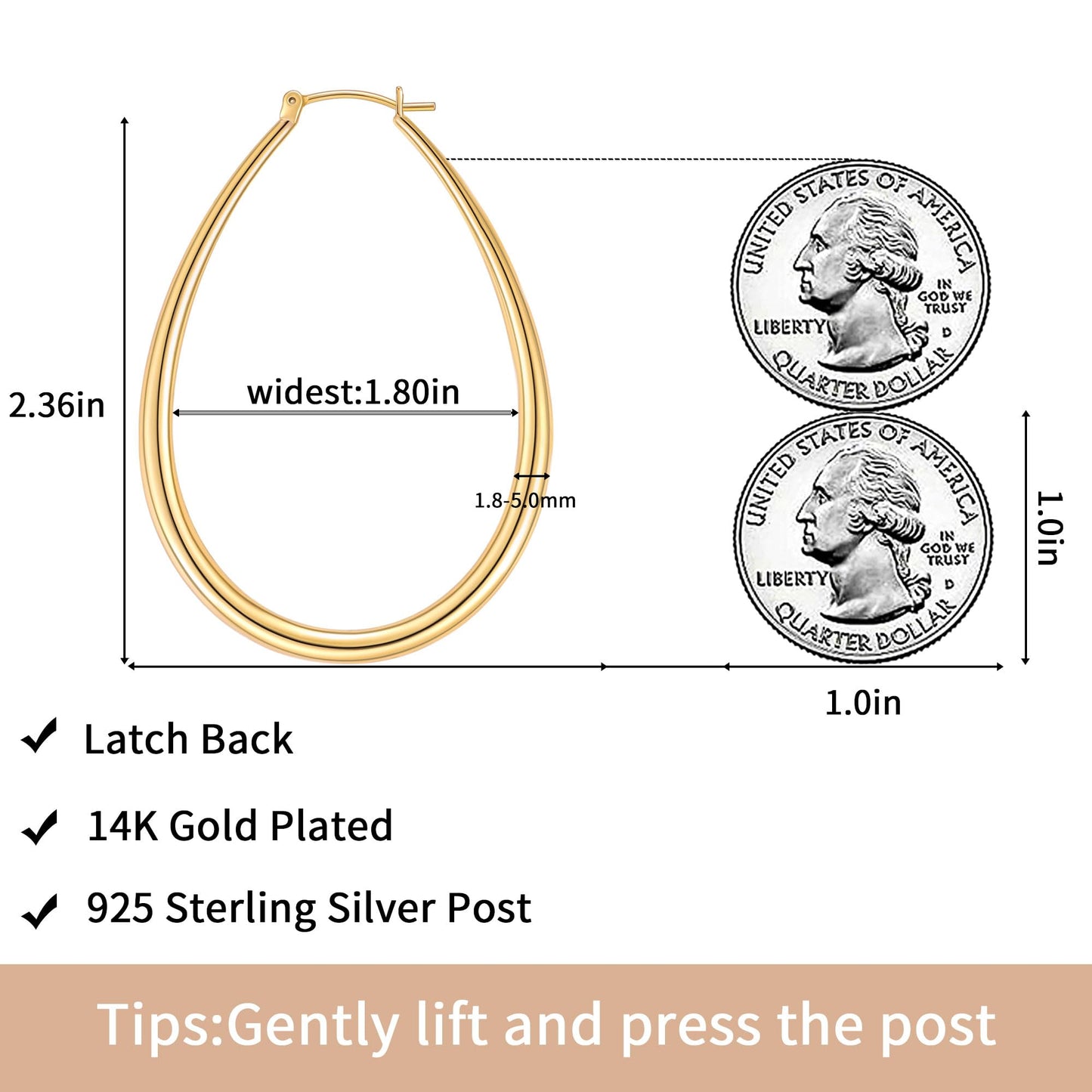 Gacimy Gold Chunky Hoop Earrings for Women, 14K Gold Plated Oval Hoop Big Earrings with 925 Sterling Silver Post, 60mm Yellow Co