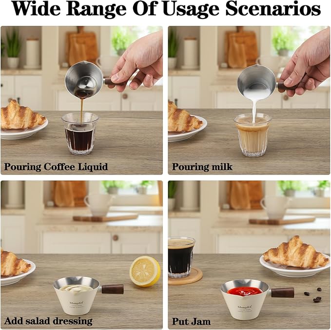 Mongdio Espresso Measuring Cup, Stainless Steel Espresso Shot Cups with Wooden Handle and Double Spouts, 3.4OZ/100ML, White