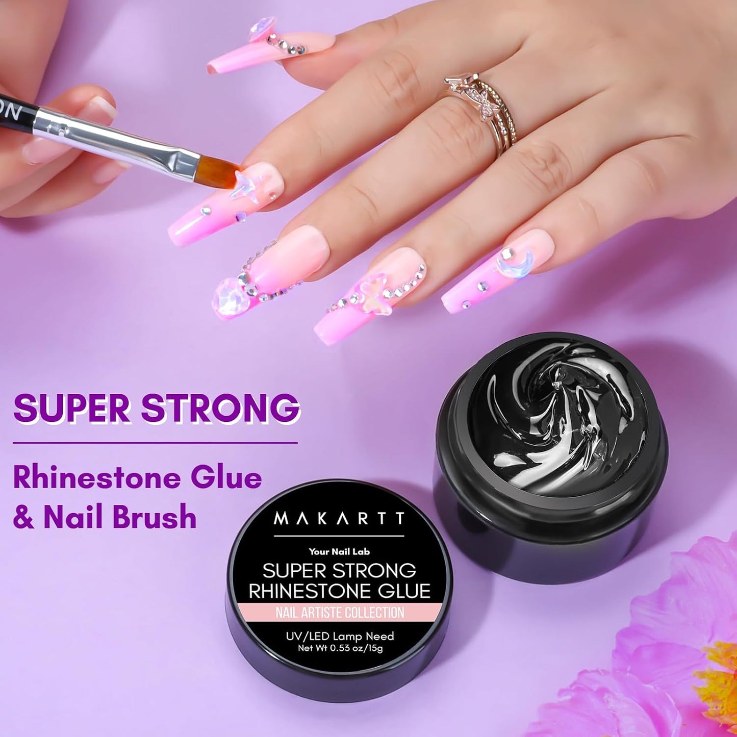 Makartt Rhinestone Glue for Nails, 15ml Clear Nail Gem Adhesive with Brush Kit for 3D DIY Decorations, Super Strong Bling Gel for Jewelry Diamonds