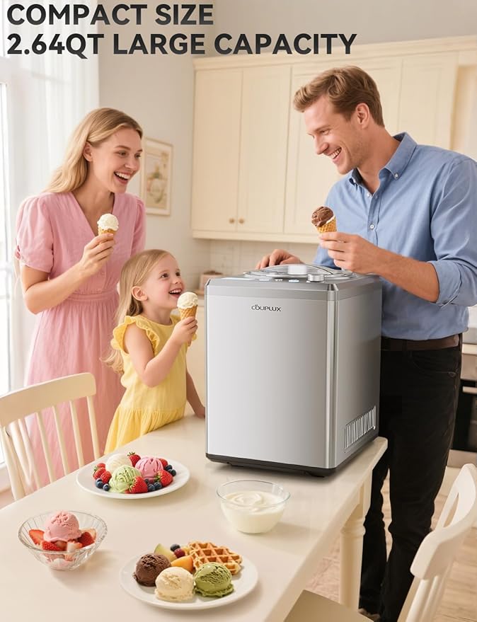 2.64 Qt Ice Cream Maker, Upgraded Fastest 250W Compressor Fully Automatic Ice Cream Machine with No Pre-Freezing, 2H Keep Cool, LCD Display & Timer, All Stainless Steel