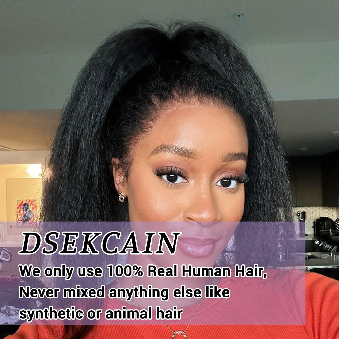 DSEKCAIN Kinky Straight Half Wig Human Hair Glueless 210% Density Yaki Straight 3 in 1 Half Wig 100% Real Human Hair Seamless Fl