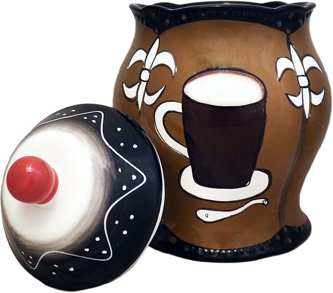 ACK Tuscany Hand Painted Fleur De Lis Coffee Design Collection Ceramic Cookie Jar with Lid, Food Storage Jar, Kitchen Décor, Snack Storage Container for Cookie, Candy