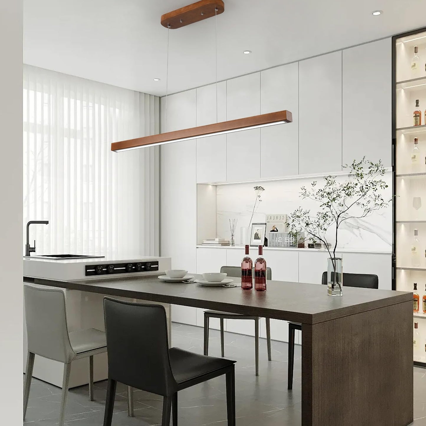 31.5 Wood Linear Pendant Light - Dimmable Led Chandelier With Remote  Adjustable Modern Farmhouse Lighting For Kitchen Islands  Dining Rooms & Bars Walnut Color (19W Energy-Efficient)