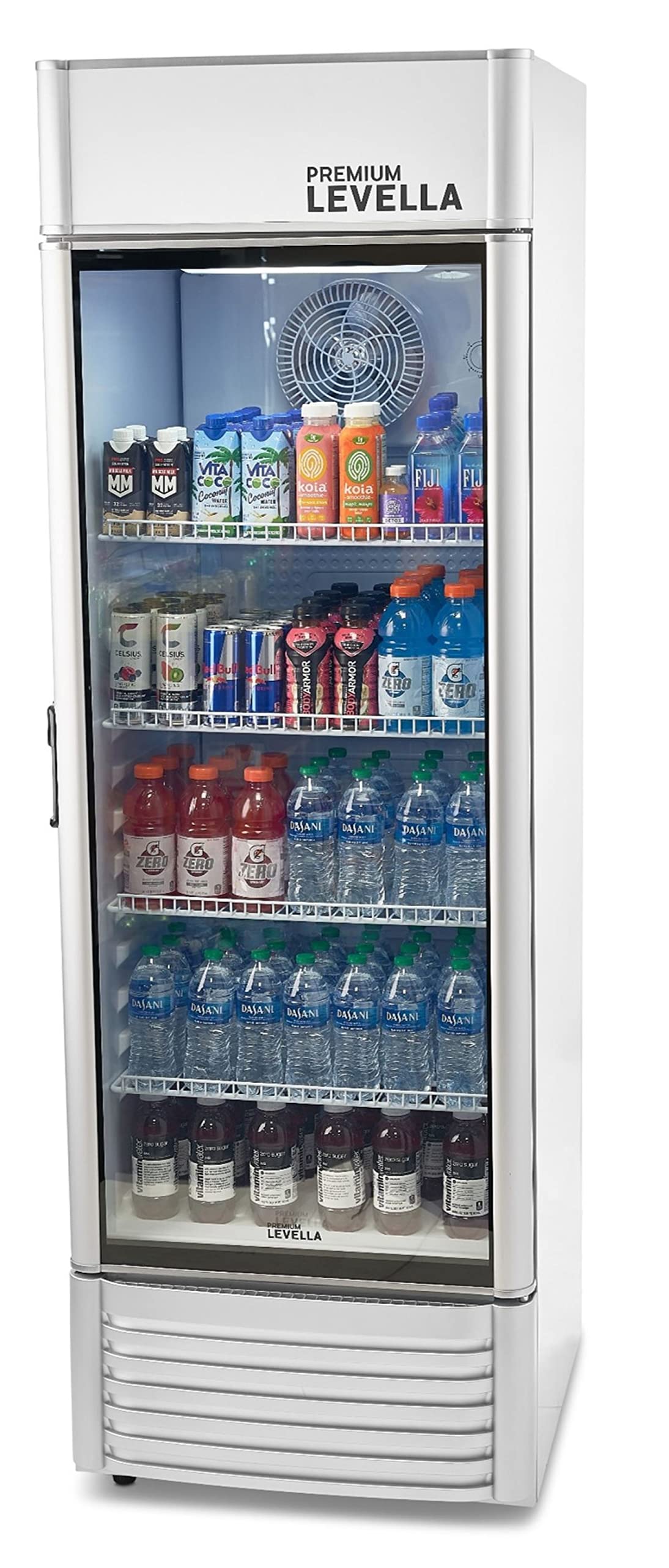 PremiumLevella PRF155DX Glass Door Display Refrigerator 15.5 cu ft Commercial Beverage Cooler Merchandiser With Customizable Lightbox - Silver