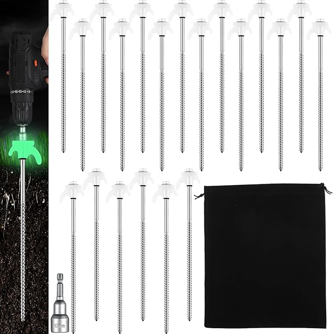 JaGely 20 Pcs 12 Inch Tent Stakes Heavy Duty Grow in The Dark Tent Stakes Metal Screw in Camping Stakes with Luminous Head Ground Anchor Pegs with Hex Head Driver for Camping Inflatable Yard Decor