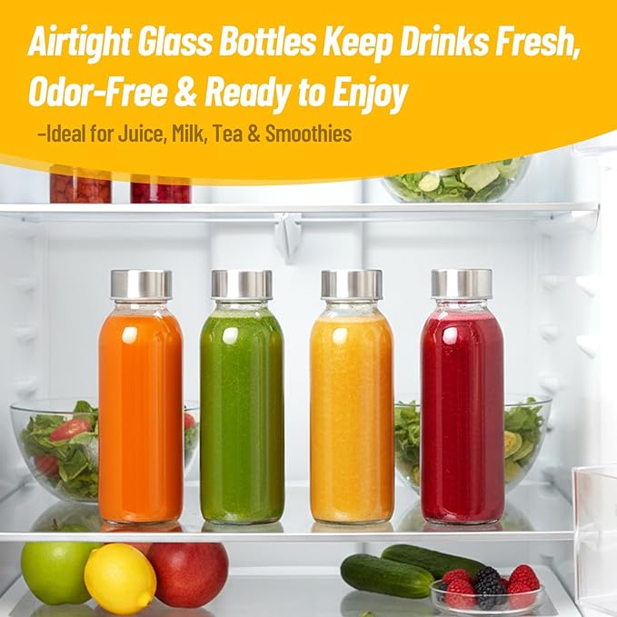 10 oz Clear Glass Bottle with Lid, Reusable Glass Water Bottles with Stainless Steel Cap & Straws for Juicing, Milk, Ginger & Smoothies, Refrigerator, Leak-Proof, Juice Containers Set of 8