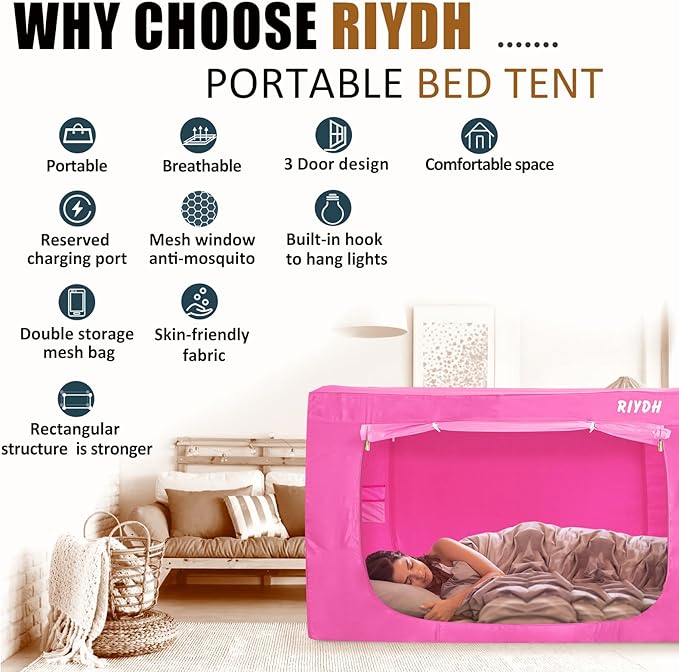 Bed Tent Full Bed Canopy Tents - Portable Dream Tent for Kids and Adult Indoor Sleeping Tents 70% Blackout with 3 Doors Breathable Private Space Tents