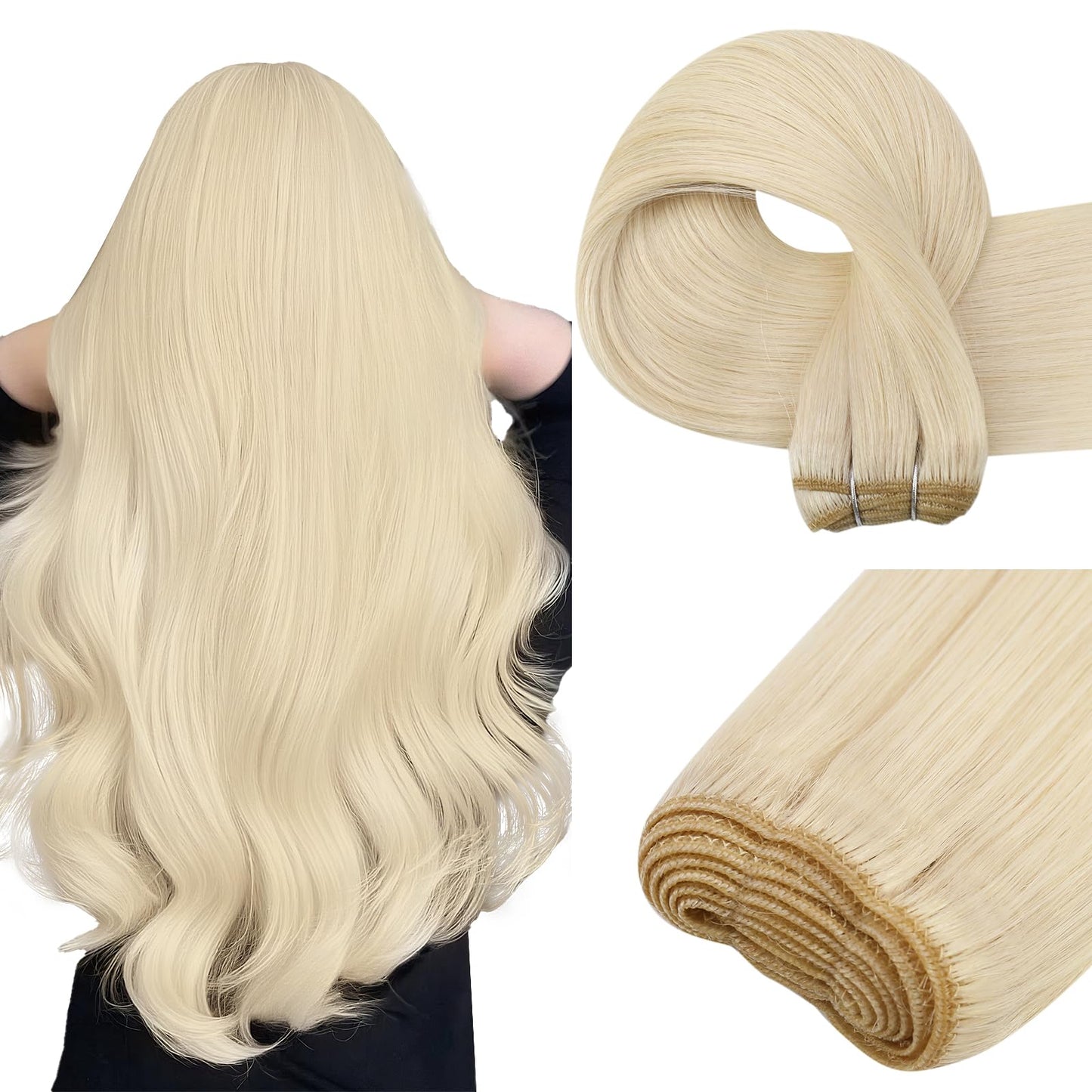 Easyouth Sew in Hair Extensions Blonde Human Hair Extensions Weft Platinum Blonde Weft Hair Extensions Real Human Hair Sew in Ex