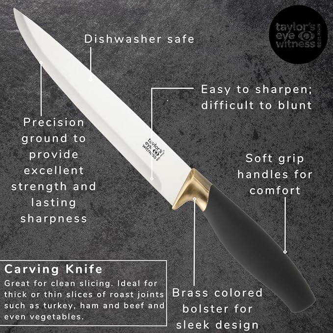 Taylors Eye Witness Carving Knife & Meat Fork Set - 20cm/8 Inch Classic Matt Stainless Steel Blade. Strong, Stylish Two Prong Fork for Professional Chefs & Home Cooks. Brass Bolster. Soft Grip Handle