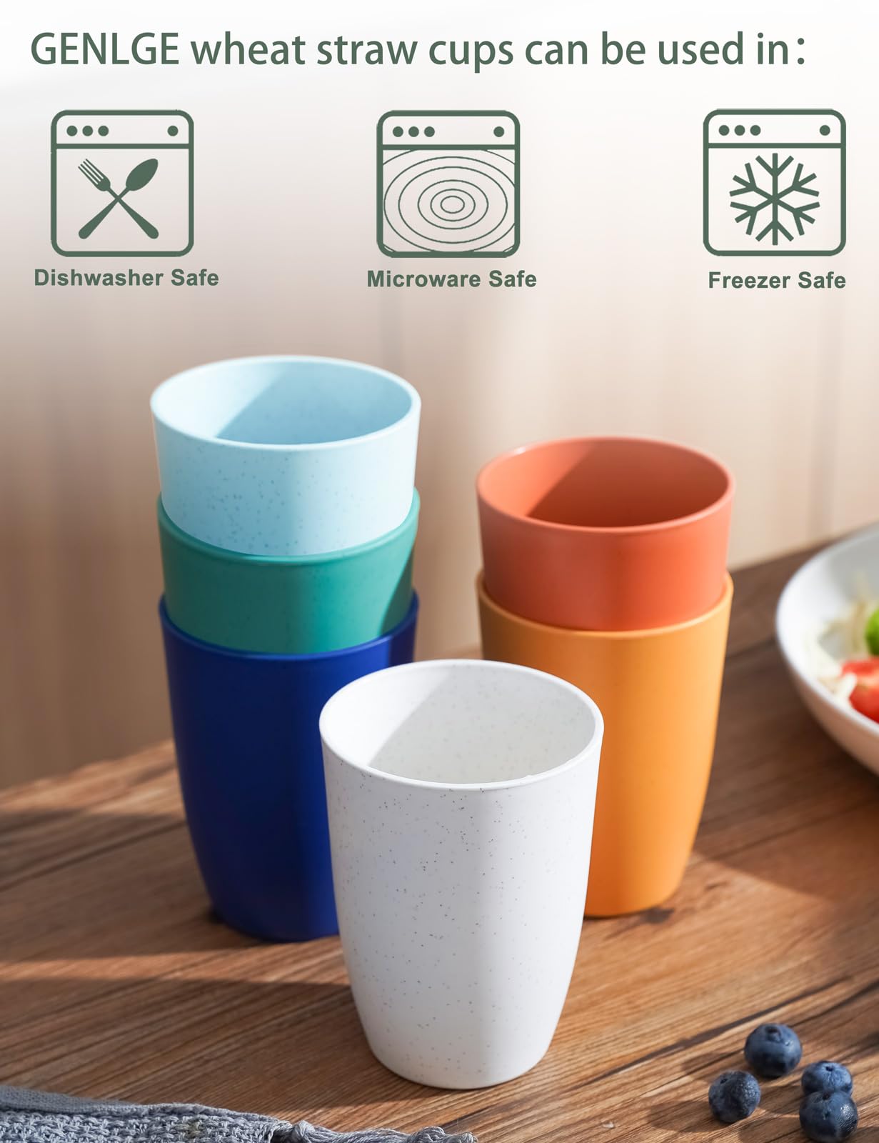 GENLGE 12 OZ Wheat Straw Cups Reusable Drinking Tumblers, Unbreakable Cups for Kitchen - BPA Free, Dishwasher Safe, Set of 6, Multicolor
