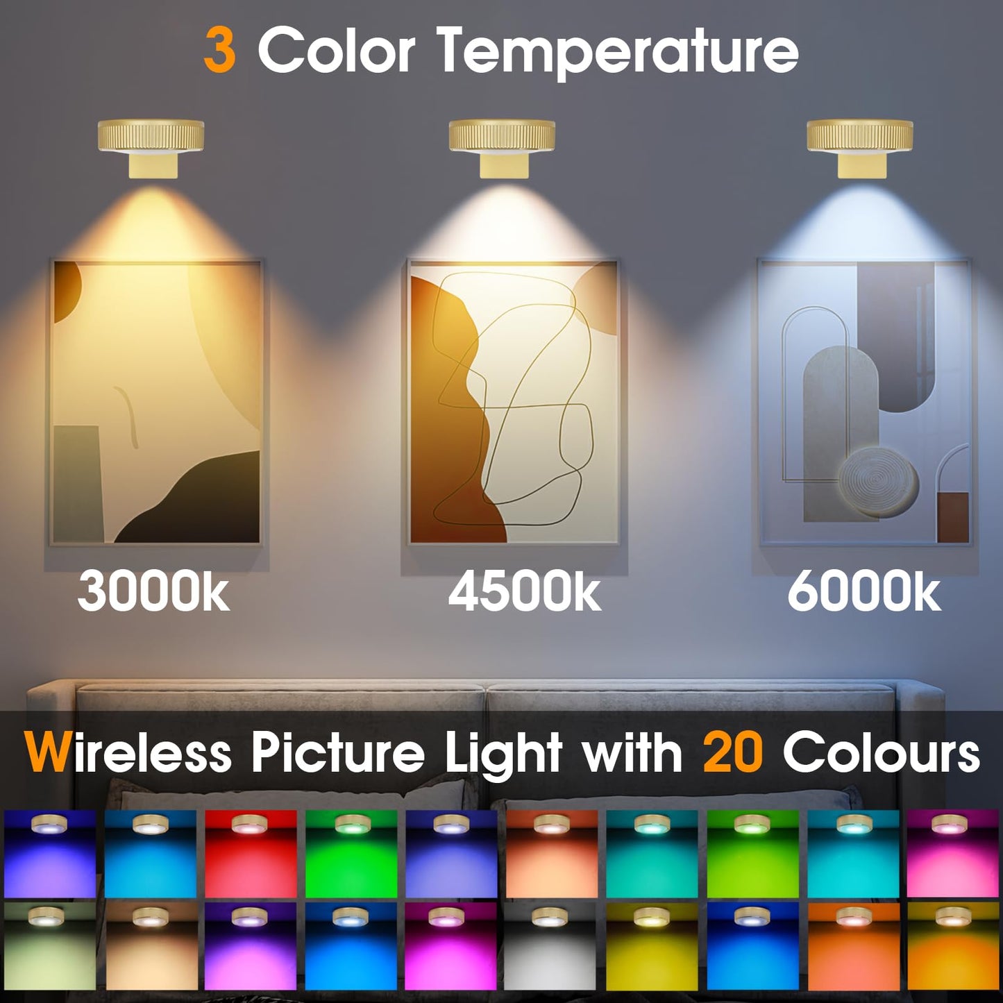 SIXDEFLY RGB Magnetic Suction Spotlight - Battery-Powered, Wireless, Remote Control - 3 Pack Gold