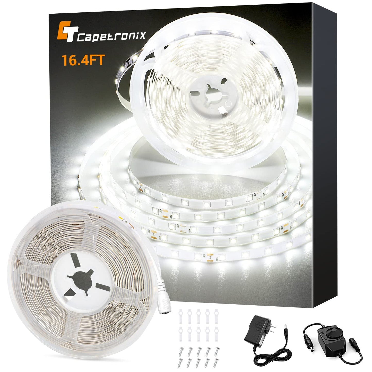 CT CAPETRONIX LED Strip Light, 16.4 FT Daylight White, Model JJ-3528ST-12-60K, Indoor Use, Dimmer Included