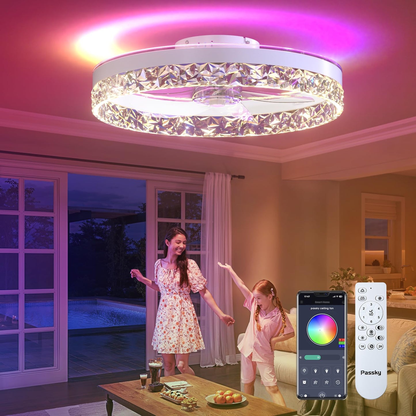 Passky RGB Flush Mount Ceiling Fan with Light, cutting edgeless, Remote Control, 19.7in , White, Model NFM0201082