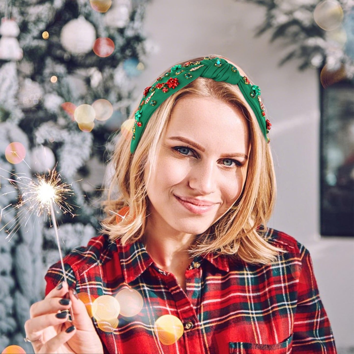 YARIEW Christmas Headbands for Women Christmas Tree Red Green Xmas Bow Jeweled Crystal Xmas Head Band Hair Accessories Holiday D