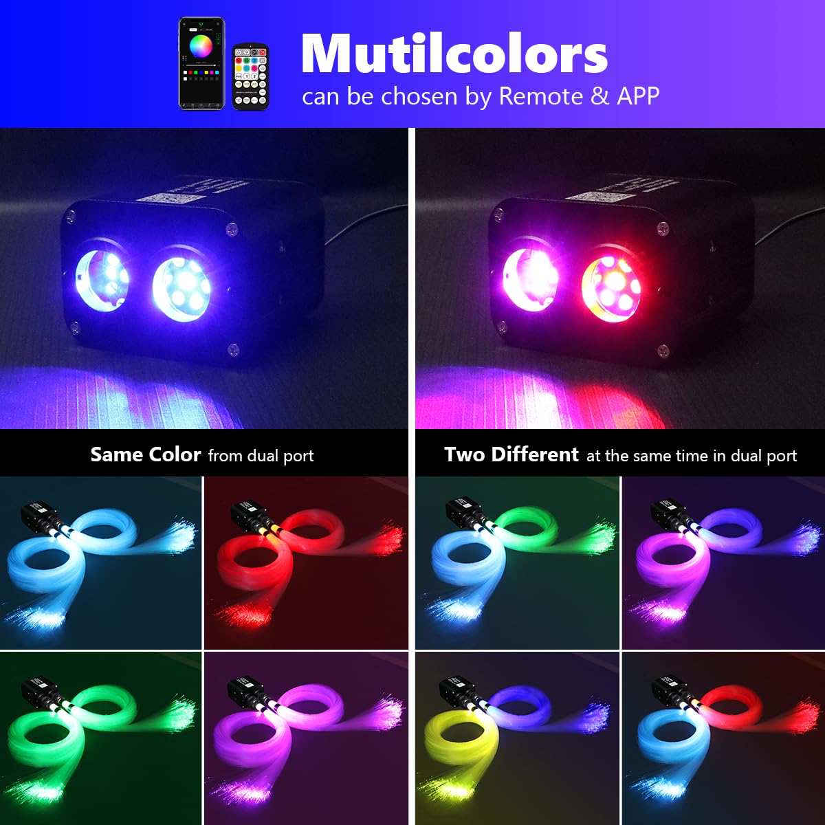 AMKI Dual Color 20W Fiber Optic Star Ceiling Light Kit, 670pcs, 9.8ft, Black, Model QJ-L020, Sound Activated, APP/Remote Control