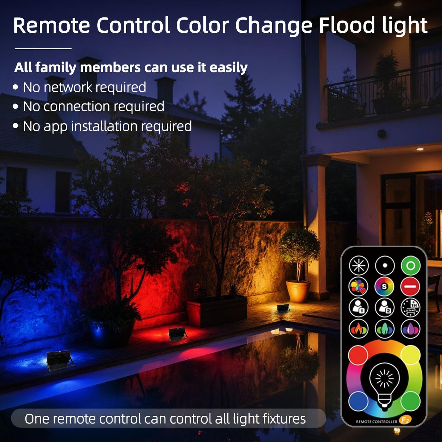 HEKEE LED Flood Light 50W RGB Color Changing 5000 Lumens, 2 Pack, Aluminum, IP66 Waterproof, Black/Clear