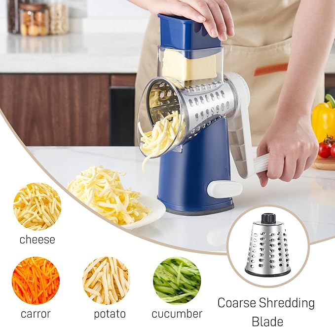 Rotary Cheese Grater with 4 Blades, Hand Crank Cheese Grater with Waffle Slicer, Black and White Cheese Slicer with Suction Base, Easier for Shredding& Grating (Blue, 4 Graters)
