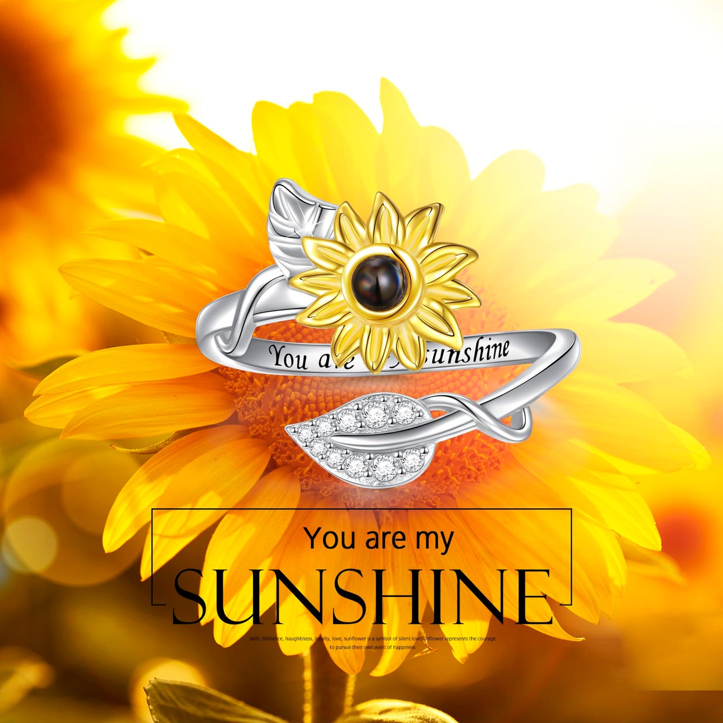 DAOCHONG Sterling Silver You are My Sunshine Sunflower CZ Ring 100 Languages I Love You Stone Ring 6