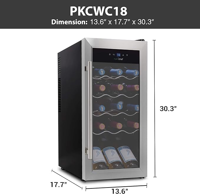 Nutrichef 18 Bottle Slim Wine Fridge | Red and White Wine Chiller | Adjustable Temperature Control 41°F to 64°F | Ultra Quiet Operation | Mini Wine Cooler for Home & Office | 30x13x17 IN
