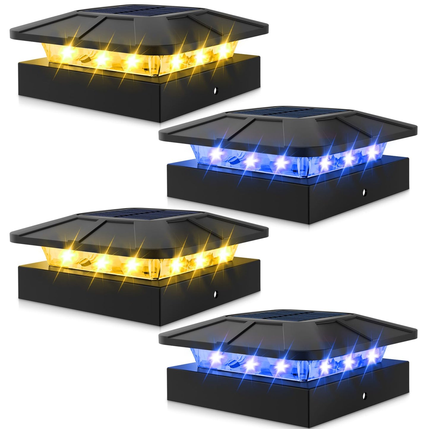 Peasur 4 Packs 4X4 Solar Post Lights Outdoor  Blue & Warm White Led Fence Caps Light Waterproof  Wood & Vinyl Post Top Lighting For Deck Mailbox Railing Porch Outside