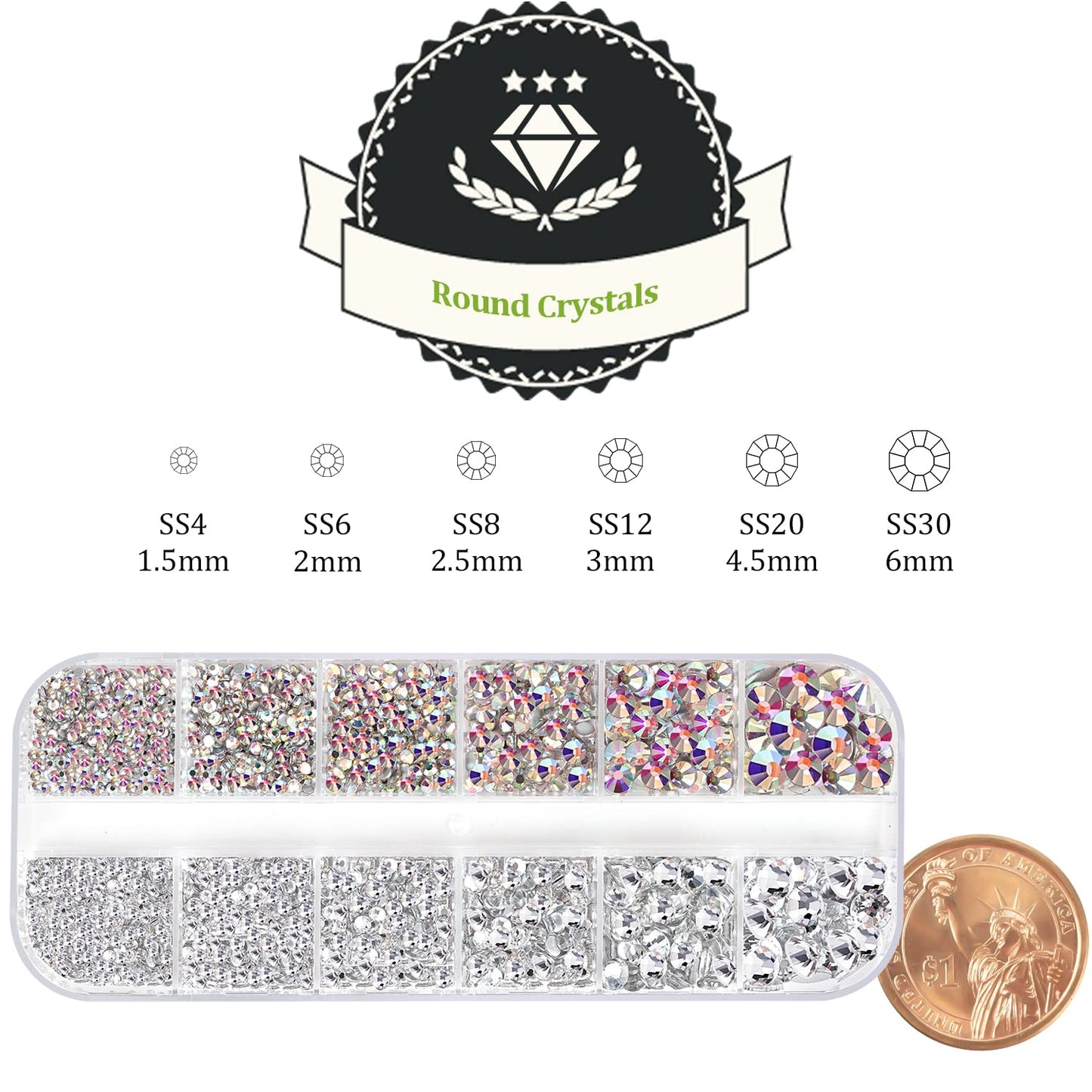 One Pack 2000 Pcs of Flatback Round AB Crystal+Transparent White Clear Rhinestones 6 Sizes (1.5-6 mm) with Nail Art Rhinestone P