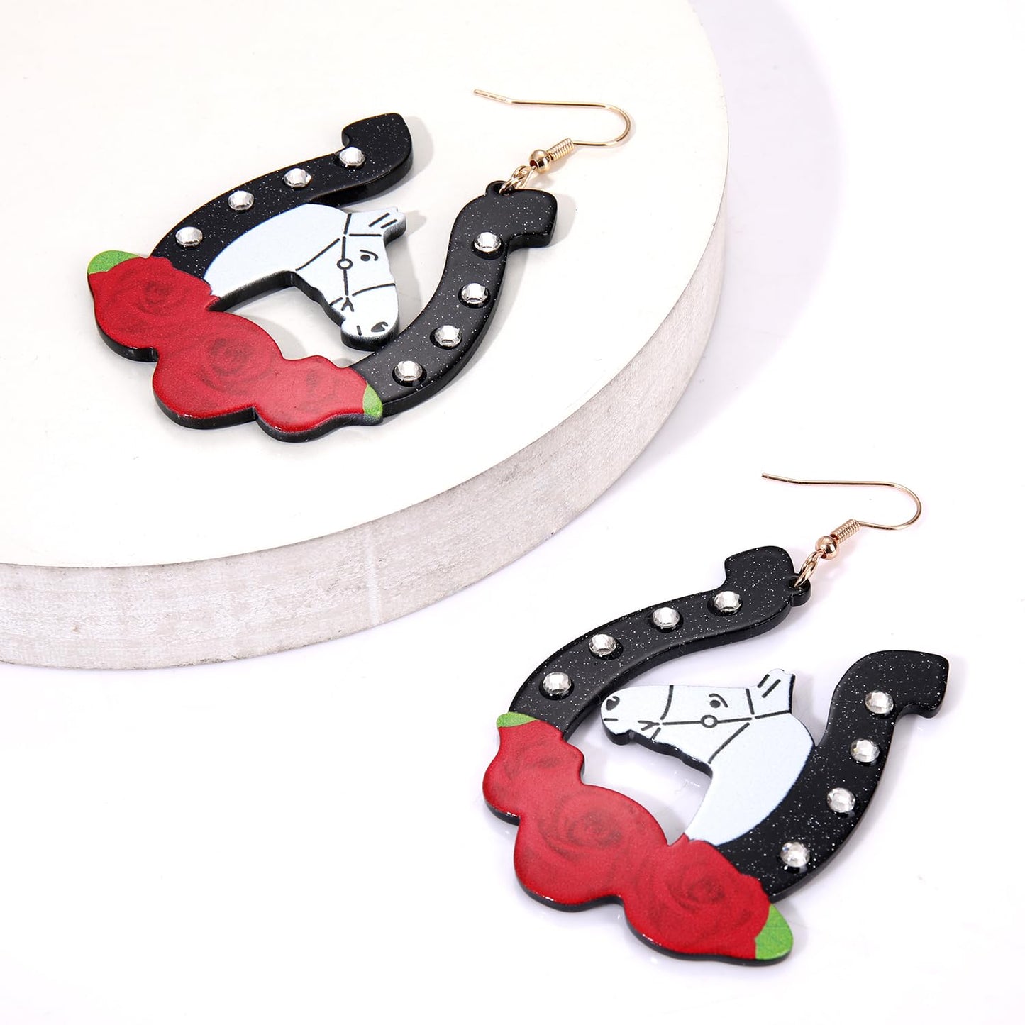 Kentucky Derby Race Horse for Women Glitter Acrylic Rhinestone Horseshoe Rose Drop Dangle Earrings Jewelry Gift for Horse Racing